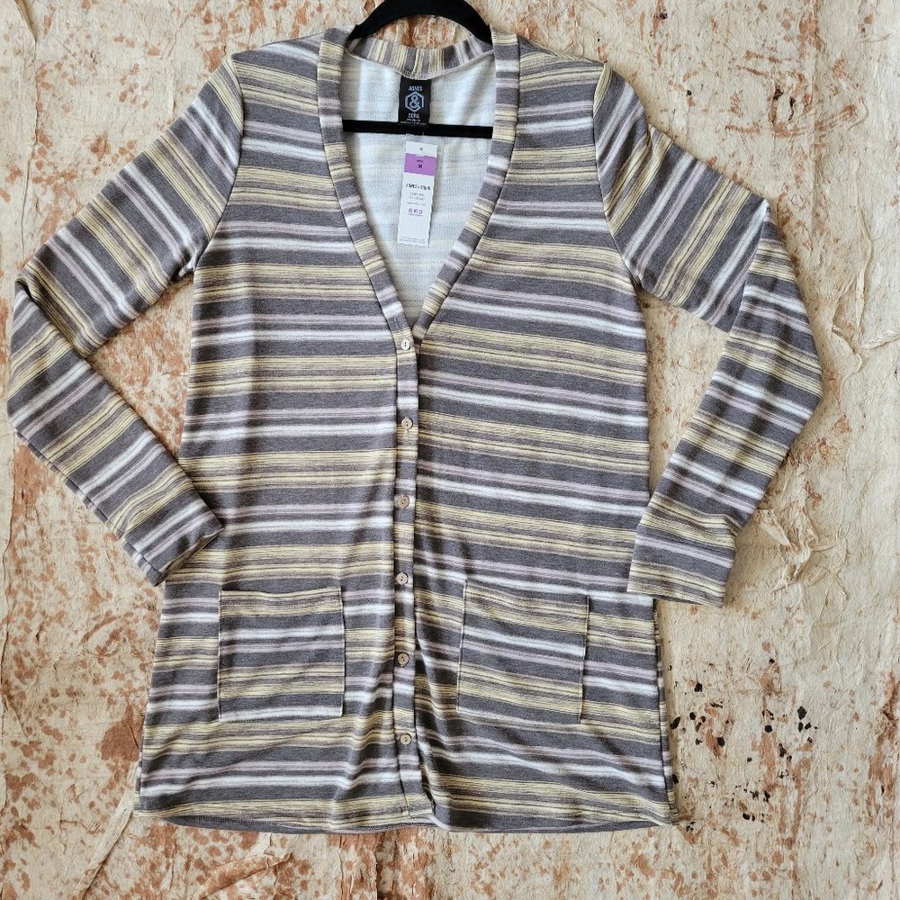 Agnes & Dora Essential Cardigan Gray Yellow White Stripe Pockets Sz M (8-10) NWT